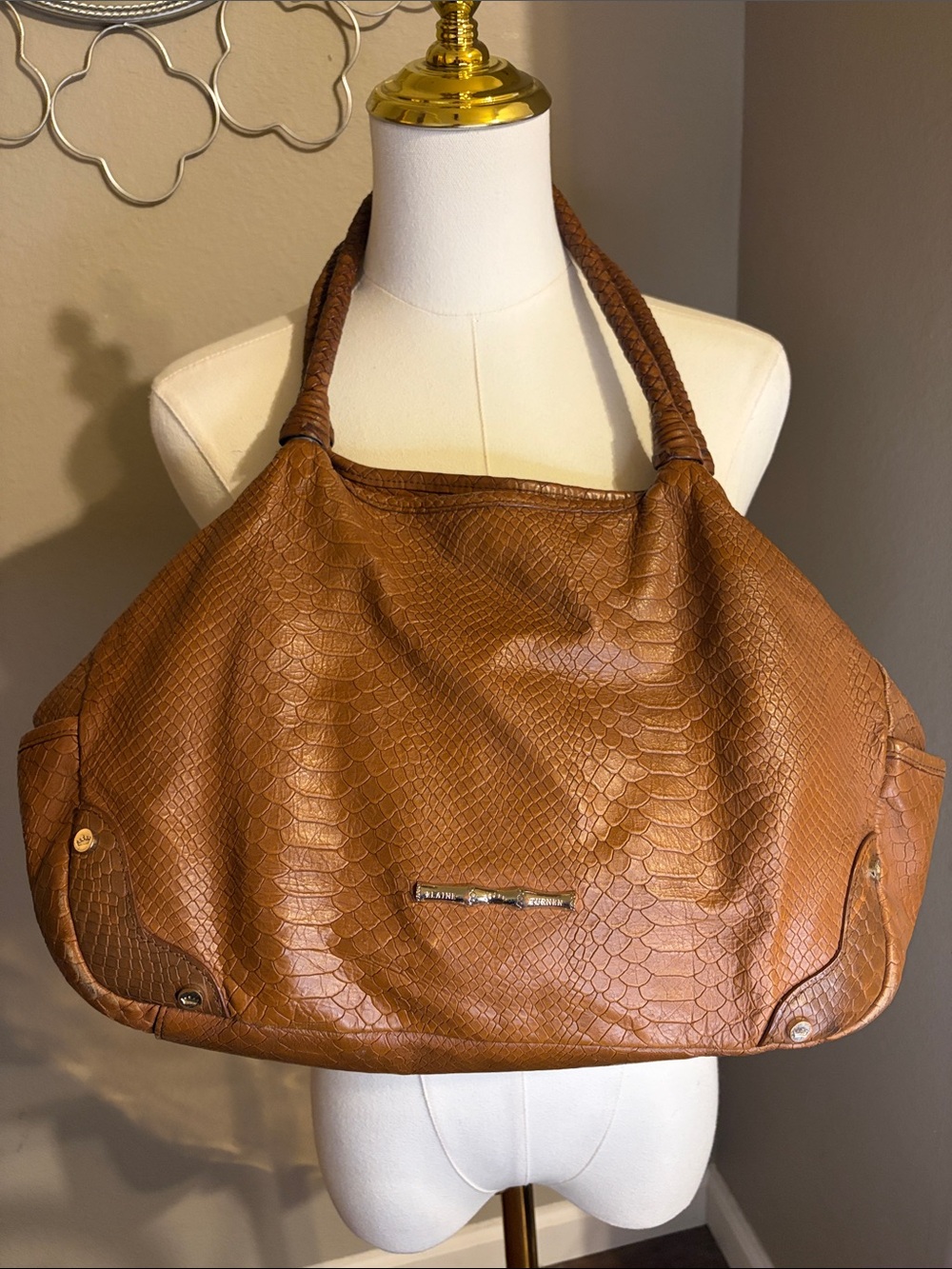 Elaine Turner Cognac Brown Snakeskin-Embossed Leather Shoulder Bag